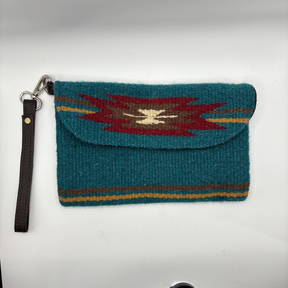 Southwestern Wool Clutch Wristlet Bag‎ Teal Red Geometric Pattern Zippered